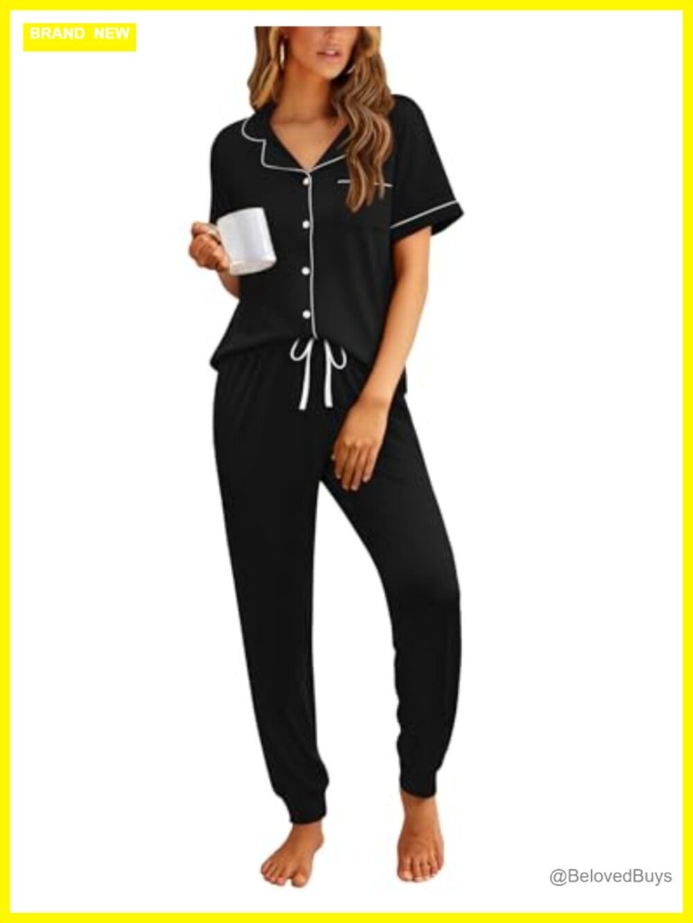 Women's Pajama Set Short Sleeve Button Down Top Jogger Pants Sleepwear